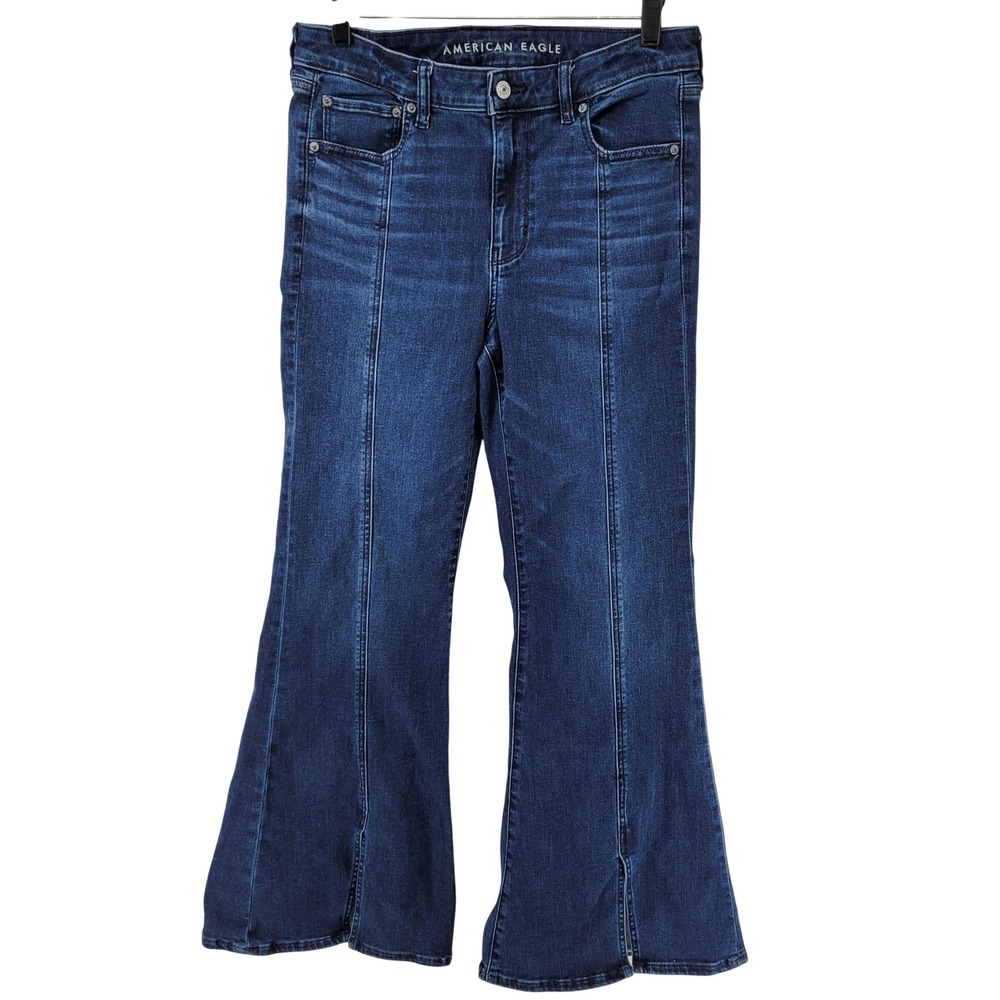 American Eagle Festival Flare Jeans Womens 12 Blue High Rise Seam Front Slit Hem